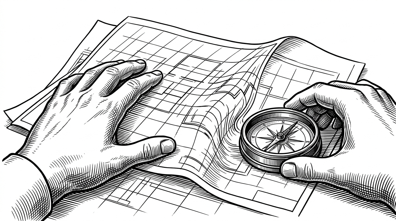 A pair of hands adjusting a physical blueprint where the paper is being stretched in one section, causing the grid lines downstream to warp and realign, while a compass recalibrates the coordinates.