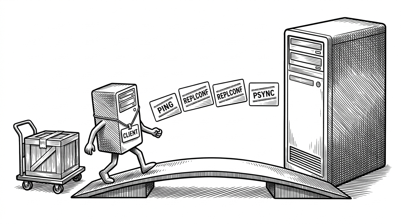 A small server node wearing a client badge approaches a larger master node across a protocol checkpoint. Four stamped message cards move between them in order, and a sealed crate sits behind the smaller node. The scene explains that replication begins as a performance of protocol compliance before the node can settle into replica mode.