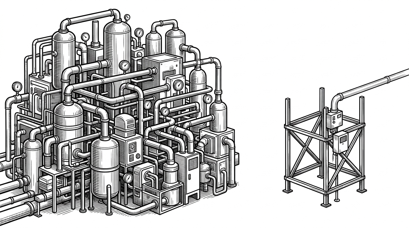 A split scene shows a sprawling machine of pipes, tanks, and modules on the left, and a compact scaffold with only a few essential beams on the right. The contrast explains the difference between production Redis and a learning clone that keeps only the parts needed for protocol and replication milestones.