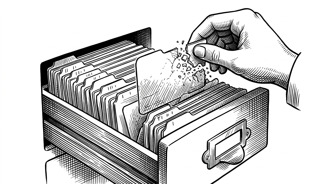 A close-up of a drawer of key cards with small time tags attached. A hand pulls one card forward, and the expired cards crumble only as they are touched. The scene explains passive expiration, where cleanup happens on read instead of in the background.