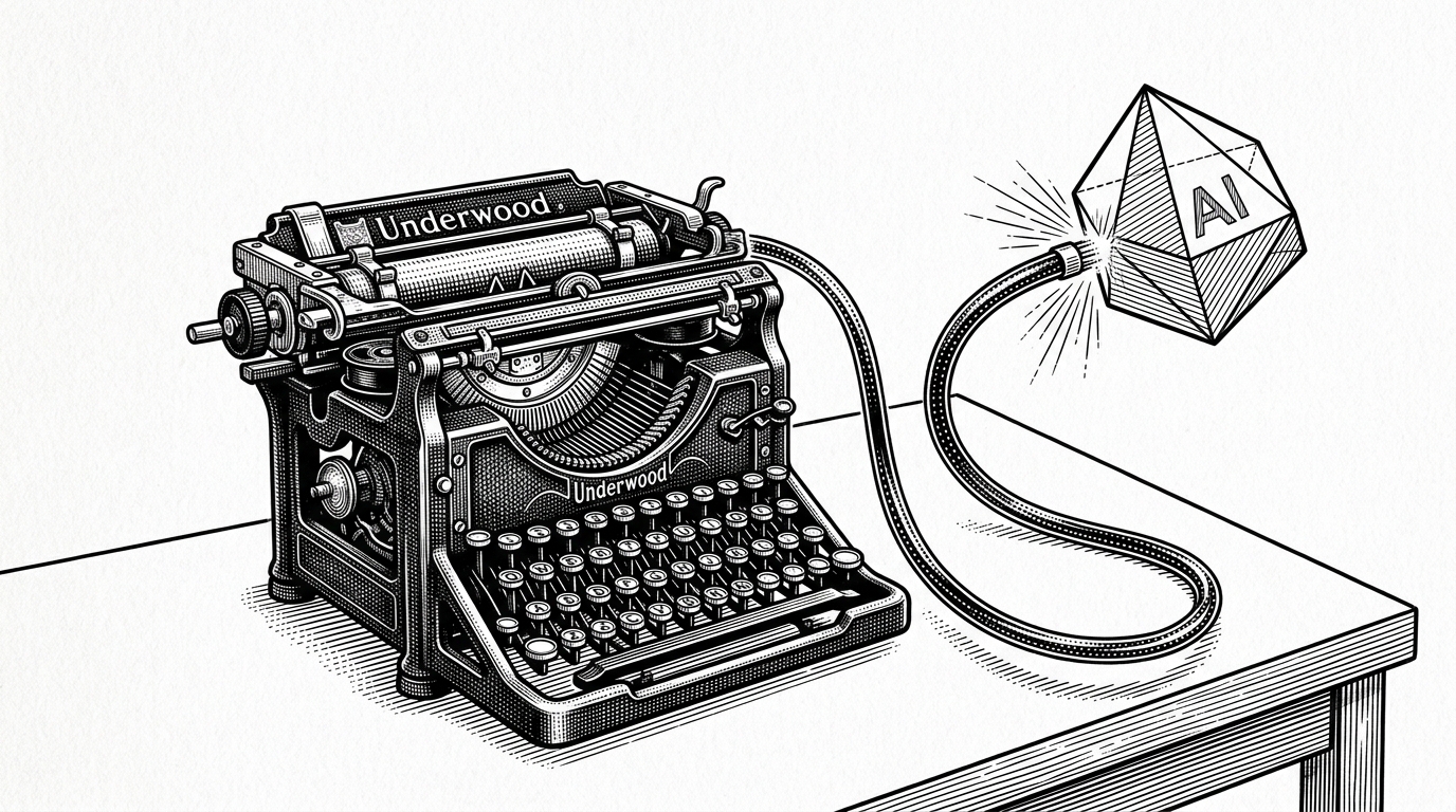 A classic mechanical typewriter connected by a glowing fiber-optic cable to a floating geometric prism, representing a direct, unmediated AI pipeline.