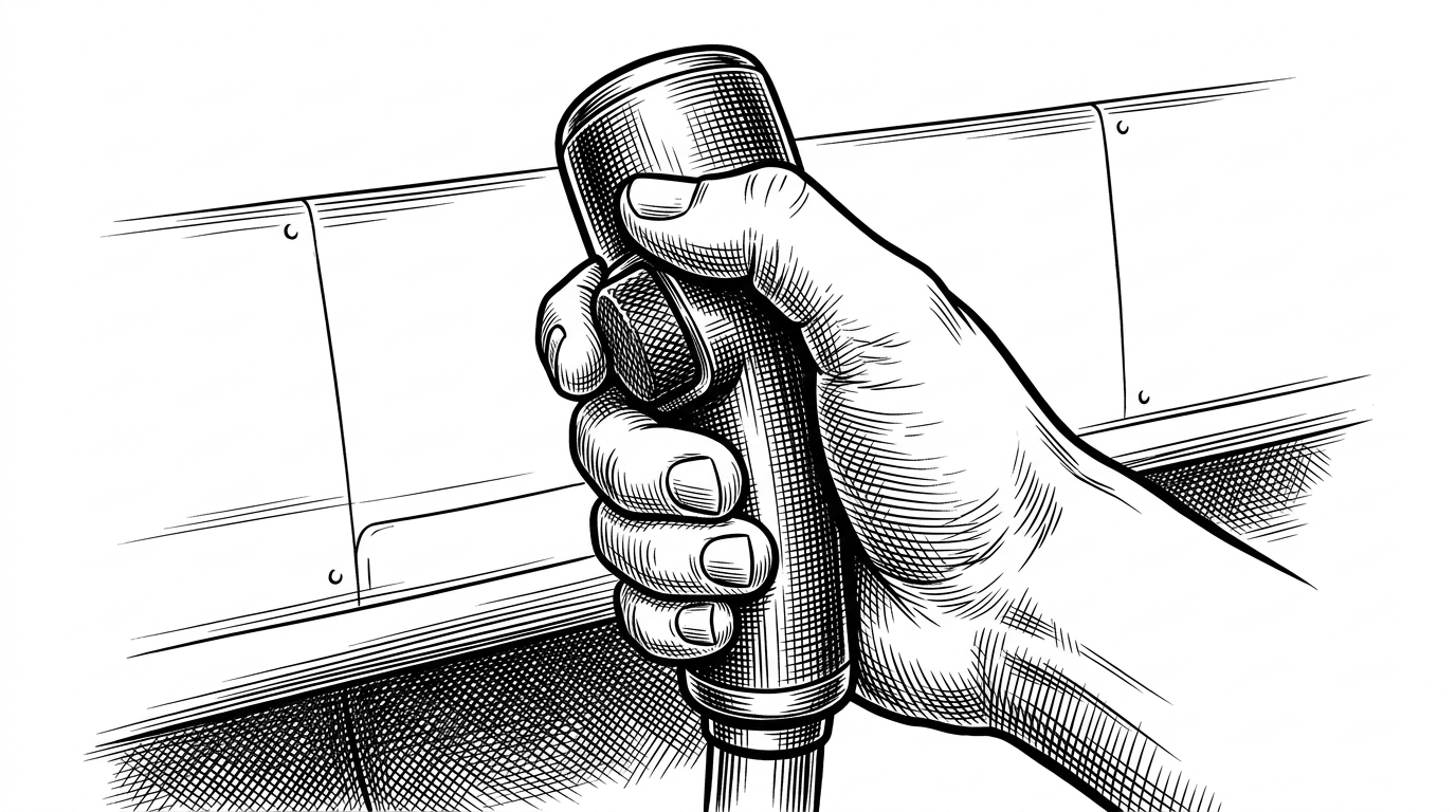 A close-up of a pilot's hand gripping a control stick. The dashboard behind the stick is completely blank—no dials, gauges, or screens.