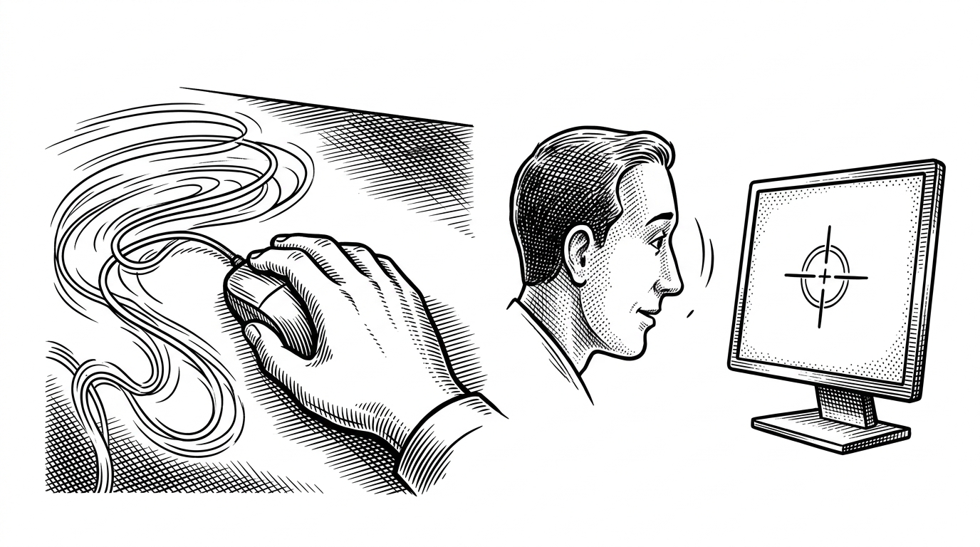 A split-screen illustration. On the left, a hand dragging a physical mouse a long distance. On the right, a person simply nodding toward a monitor, with a target reticle appearing on the screen.