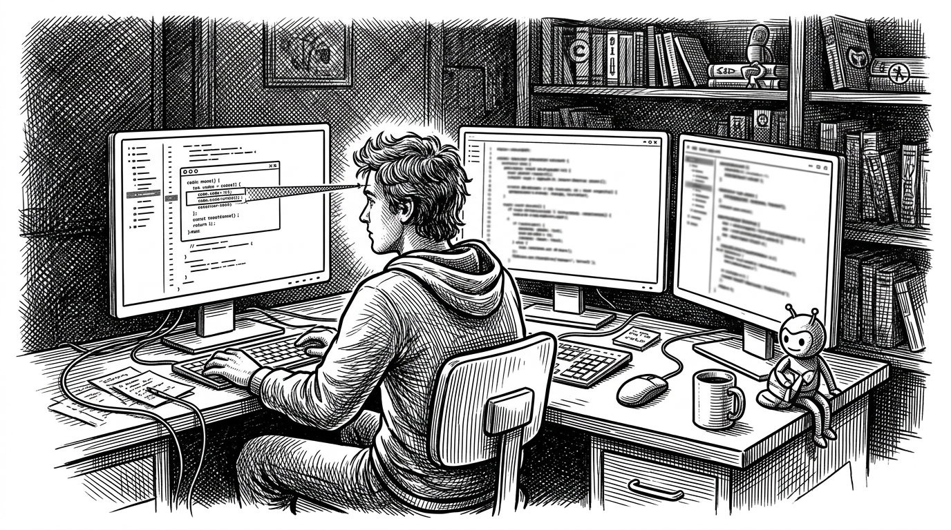 A developer looking at a multi-monitor setup, with a precise crosshatched vector line connecting their forehead to a specific window on the left screen, illustrating the concept of gaze-directed focus.
