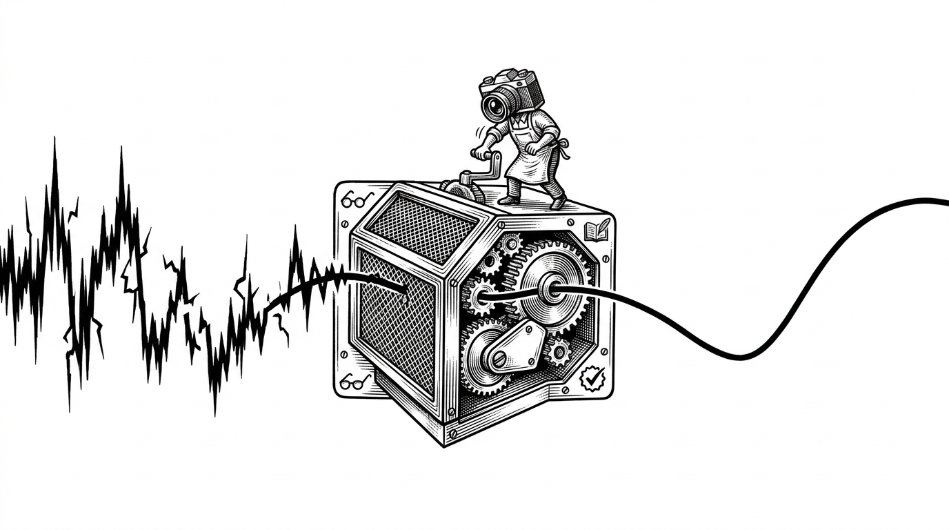 A close-up illustration of a jagged, vibrating line representing raw camera data being pulled through a mechanical comb, emerging as a perfectly smooth curve, illustrating the EMA smoothing filter.