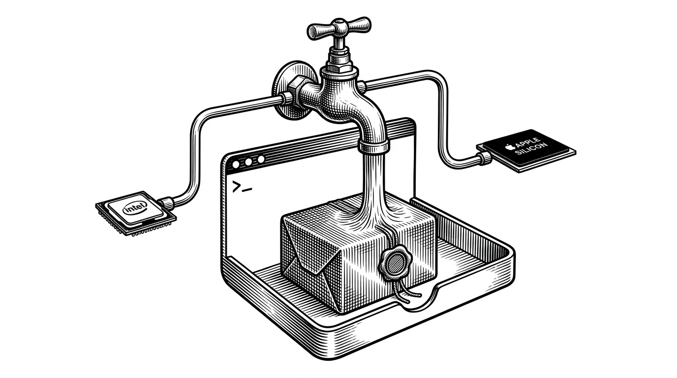 A brass tap pours a sealed package into a terminal-shaped tray while a checksum seal hangs beside it. The scene explains that this repository is not adding features, it is delivering a verified binary to the place developers already work.