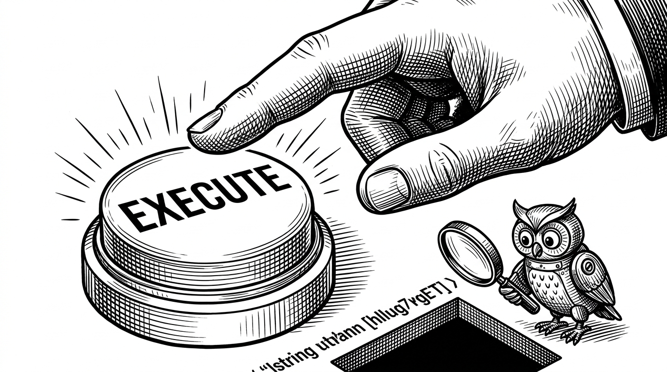 A human hand hovering over an execute button, while a mechanical owl uses a magnifying glass to inspect a hallucinated command string, revealing a hidden trapdoor.