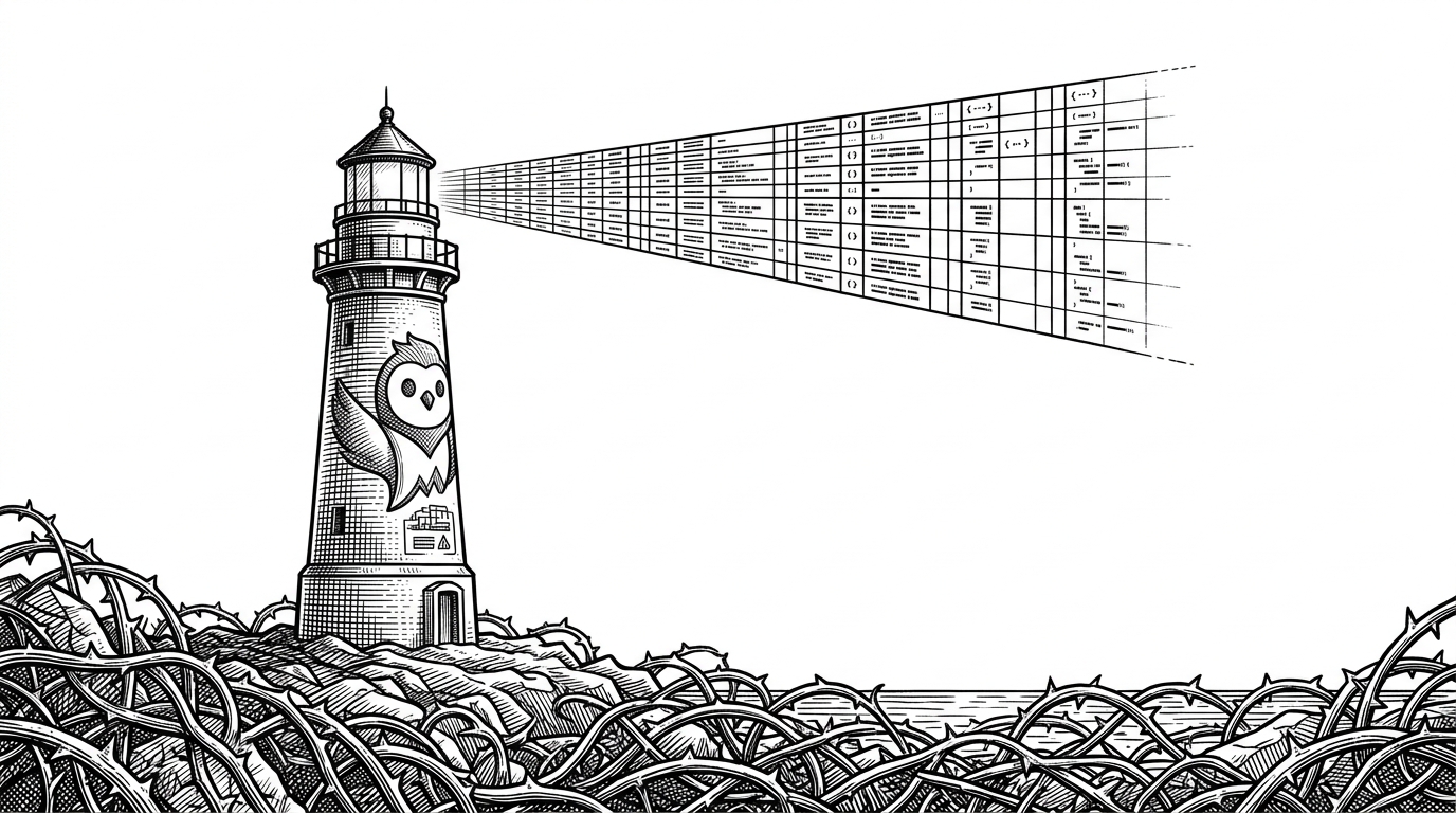 A lighthouse projecting a structured grid of code blocks onto a clean canvas in the sky, illuminating a dark, tangled shore of vines and thorns.