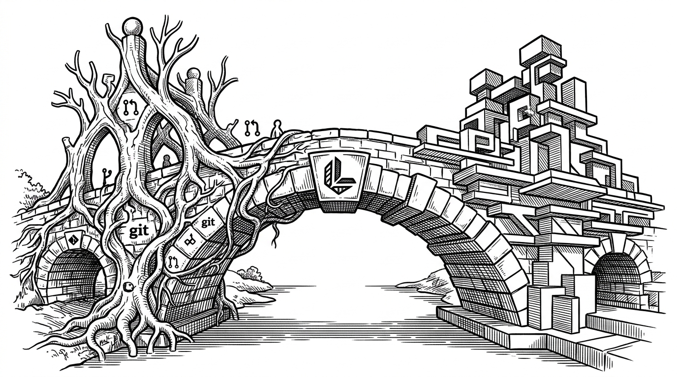 A stone bridge connecting two architectural styles, representing Git and Jujutsu, with the Lumen logo as the keystone.