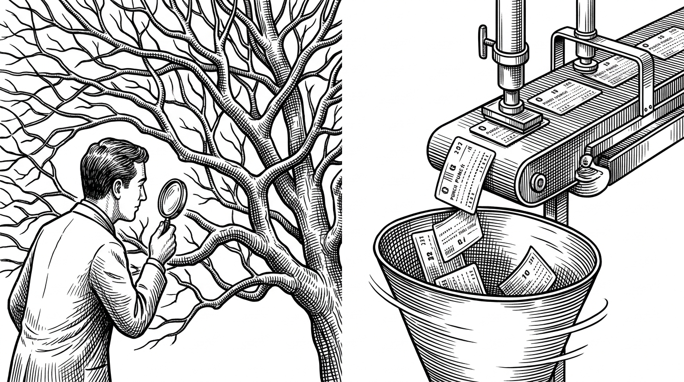 A split illustration. On the left, a botanist meticulously traces the branches of a complex tree with a magnifying glass. On the right, an industrial factory line stamps identical metal punch cards into a hopper.