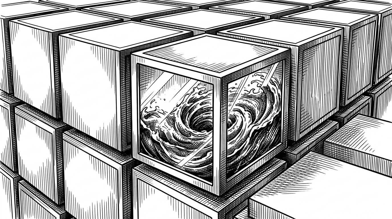 A close-up of a rigid, perfectly ordered grid of interlocking steel cubes representing Rust. Inside one of the central cubes, a chaotic, swirling liquid representing Go's garbage collector is trapped behind a thick glass window.