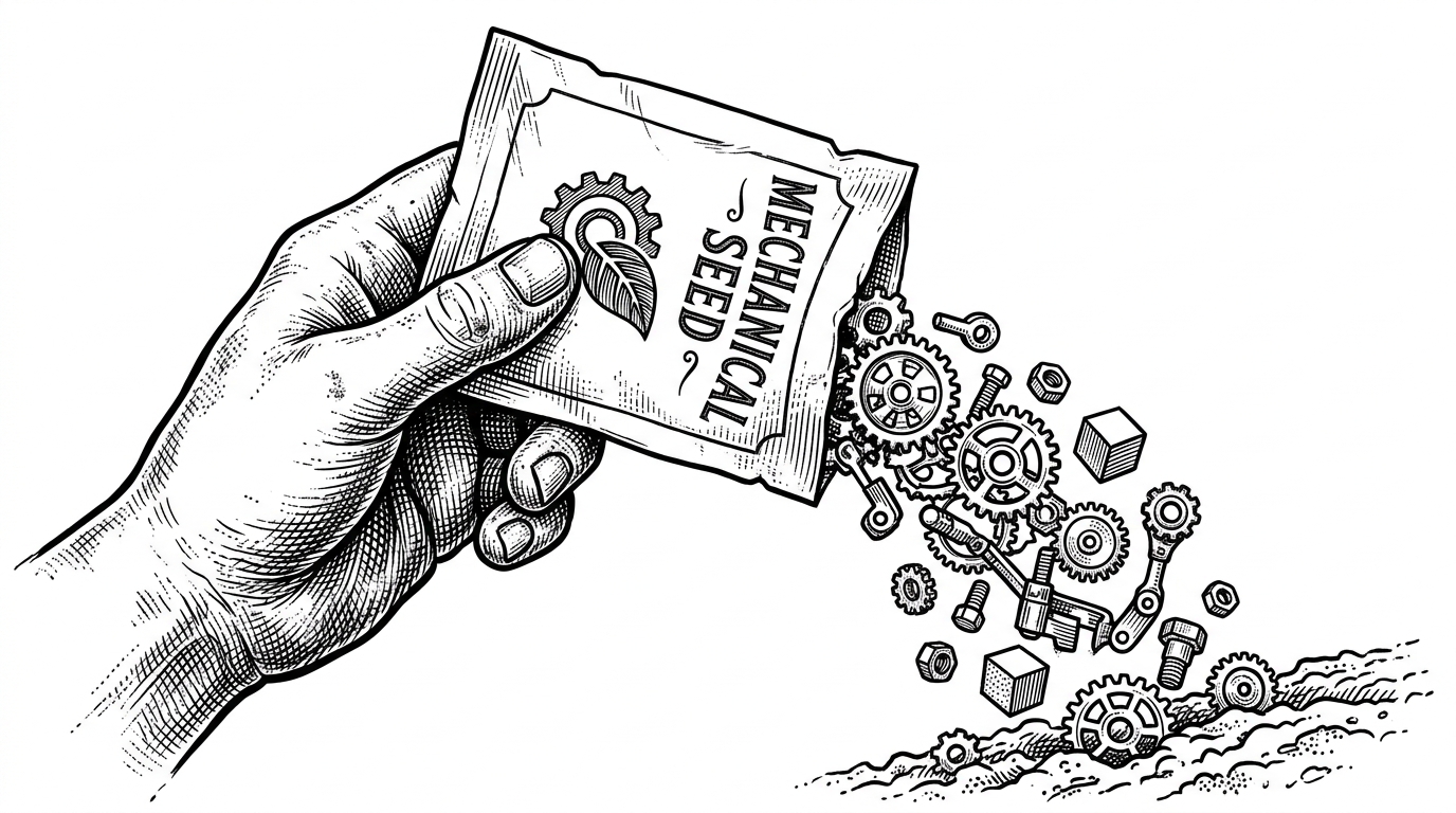 A close-up of a hand pouring tiny metallic gears and structured geometric blocks out of a seed packet into soil.