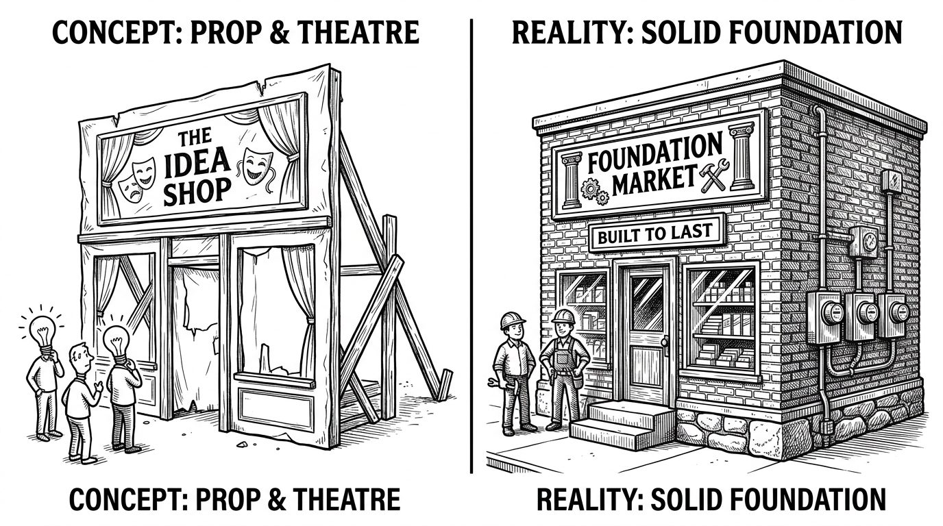 A split scene comparing a hollow theatrical stage prop of a storefront to a fully constructed brick-and-mortar shop with utility meters.