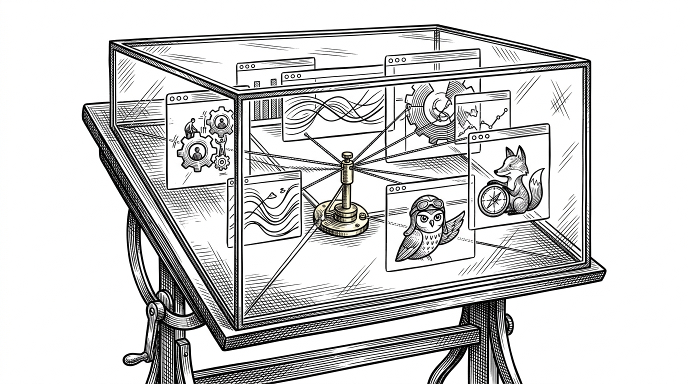 A vintage mechanical drafting table where the drawing surface is a dimensional glass box containing floating, overlapping window panes connected by taut strings to a central brass control mechanism. This illustrates the strict mechanical control system required to manage floating UI elements in a browser OS.