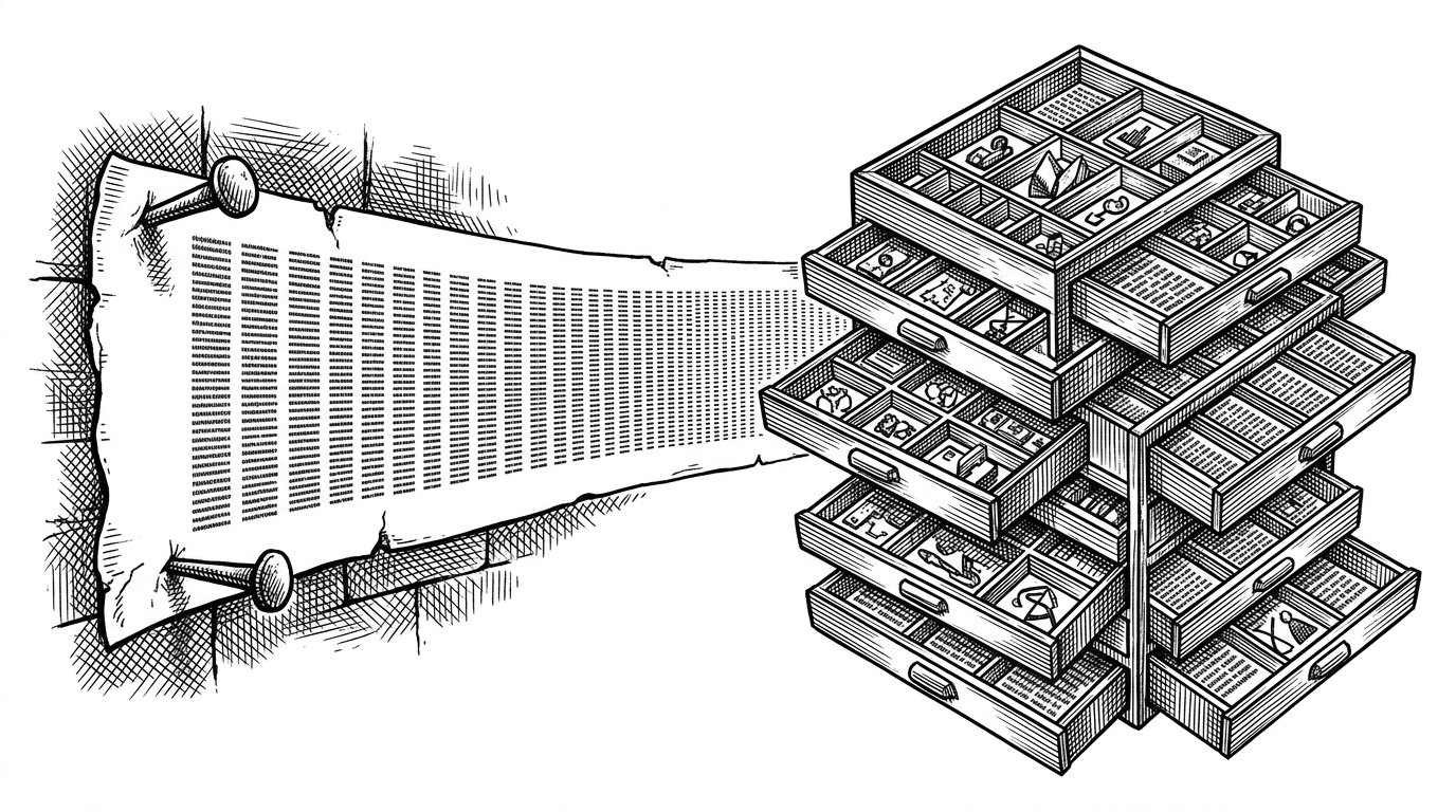 A split composition. The left side shows a long, flat scroll of paper nailed to a wall with text marching in a single straight line. The right side shows a complex, multi-layered cabinet with various drawers pulled out at different depths, intersecting but perfectly organized. This illustrates the contrast between a standard scrolling portfolio and a windowed UI.