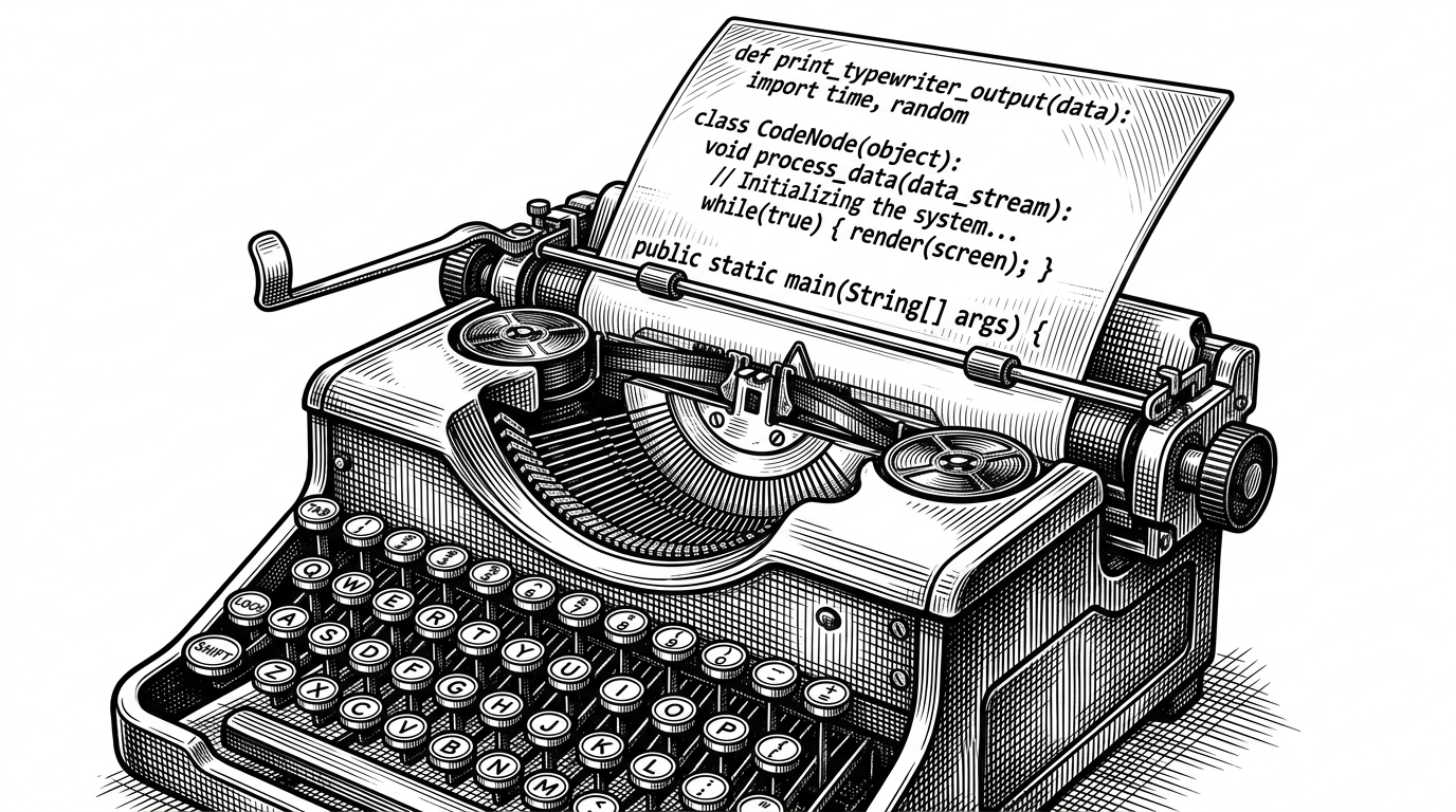 A classic mechanical typewriter feeding a glowing, translucent glass screen displaying code. This represents the fusion of raw text input with modern web UI.