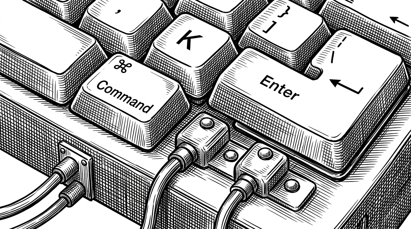 A close-up of keyboard keys physically bolted to a massive industrial switchboard with thick cables. This represents the robust, low-level architecture bypassing standard web event listeners.