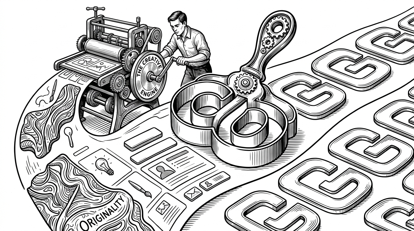 A cookie cutter stamping out identical UI components, while a separate machine produces a vibrant, uniquely textured component.