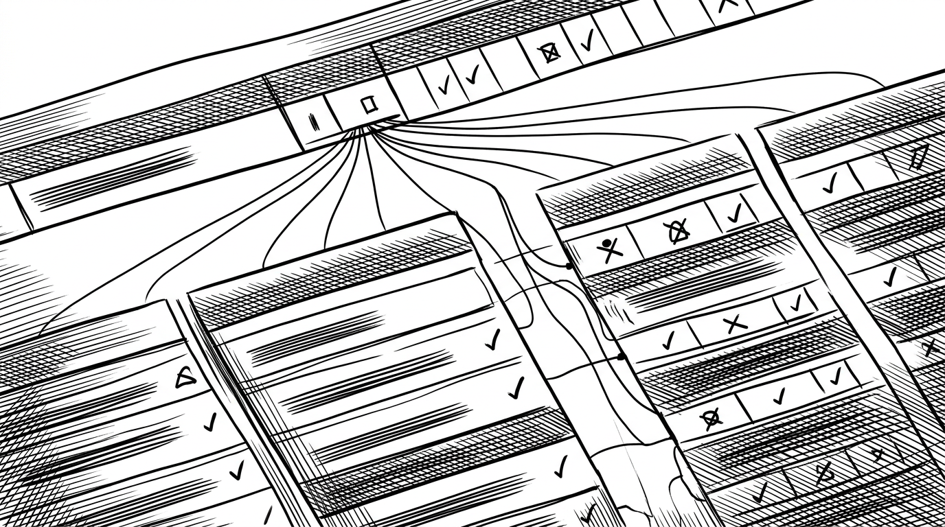 A close-up ledger page where one attendance session fans out into several linked student status lines. The top row represents the session itself, and below it are separate records marked present, absent, or late. Thin connecting lines show that one event produces many student reports, which explains why normalization matters in the app’s attendance design.