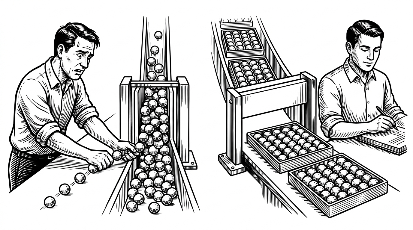 A close-up black-ink scene shows beads dragged one by one through a narrow gate on the left, where they jam and pile up. On the right, the same beads move in clustered trays through a wider gate and emerge ready for counting, illustrating how batching lowers overhead and smooths contention.