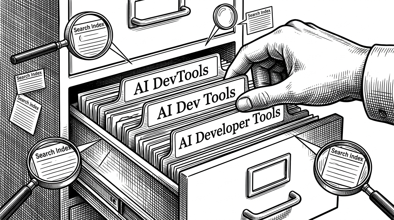 A close-up filing system with three nearly identical labels being consolidated into one drawer. The labels read AI DevTools, AI Dev Tools, and AI Developer Tools, while search cards and magnifying glasses point at the same file from different directions. It explains how redundancy improves retrieval and classification.