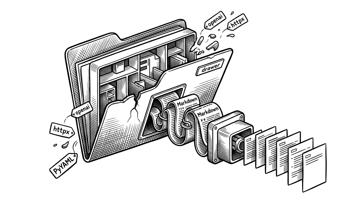 A close-up x-ray style scene shows an open folder revealing a hidden Python virtual environment inside the repository. Labels and components drift outward from the folder, including openai, httpx, and PyYAML, while a chain of Markdown cards is converted into cleaned story records. It explains the automated layer that appears to sit beneath the Jekyll site.