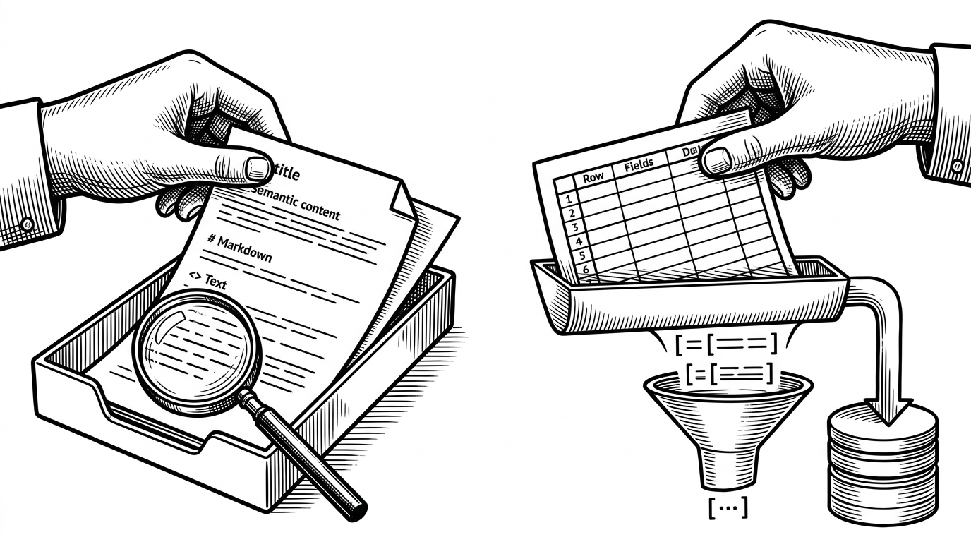 A close-up shows one source card being sorted into two routes. One route sends a semantic sheet into an LLM tray, while the other sends a grid-like CSV sheet into a parser funnel. The image explains why the repo keeps two parallel formats for the same underlying content.