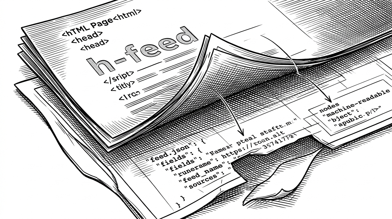 A close-up of layered paper sheets. The top layer is a clean HTML page stamped with h-feed markings, while the lower transparent layer shows feed.json fields linked by arrows from text nodes to machine-readable blocks. One corner is cut away where a source folder would have been, leaving only output artifacts behind. The image explains how human-readable HTML and machine-readable feed data coexist in the same archive.