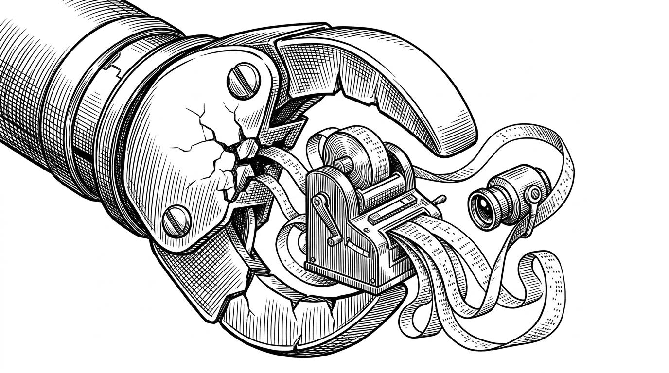 A massive mechanical claw fracturing, with a vintage ticker-tape machine spooling out punched paper tape read by a robotic lens.