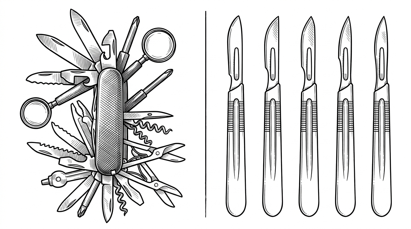 A split-pane composition showing a giant, over-engineered Swiss Army knife on the left, and a neat row of five perfectly honed surgical scalpels on the right. This represents the difference between bloated cross-platform middleware and the Play Framework's targeted native shims.