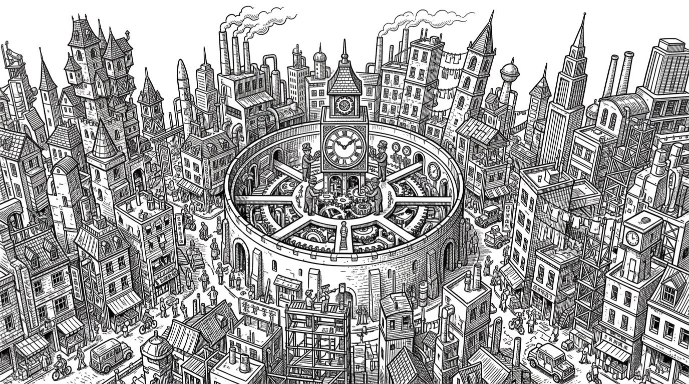 A chaotic city of mismatched architecture surrounds a perfectly walled-off, hyper-organized clockwork fortress. This represents the contrast between unpredictable host operating systems and the deterministic environment required for hardware emulation.