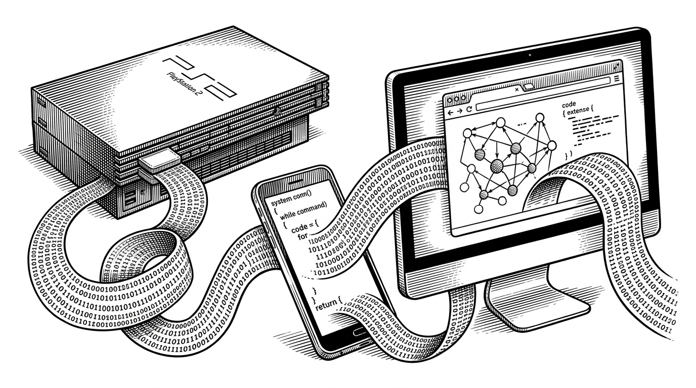 A classic PlayStation 2 console unspooling into a thread of code that weaves through a smartphone, monitor, and web browser.