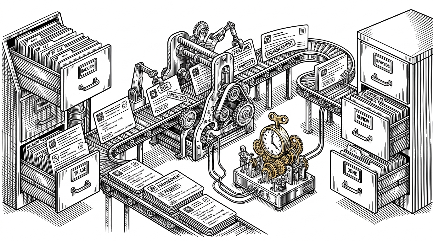 A wide editorial scene shows GitHub issue cards flowing through a filing system and into a central sorting machine. Labels are stamped onto each card, while a small automation clock ticks in the background, explaining how the repository uses GitHub as both front door and data layer.