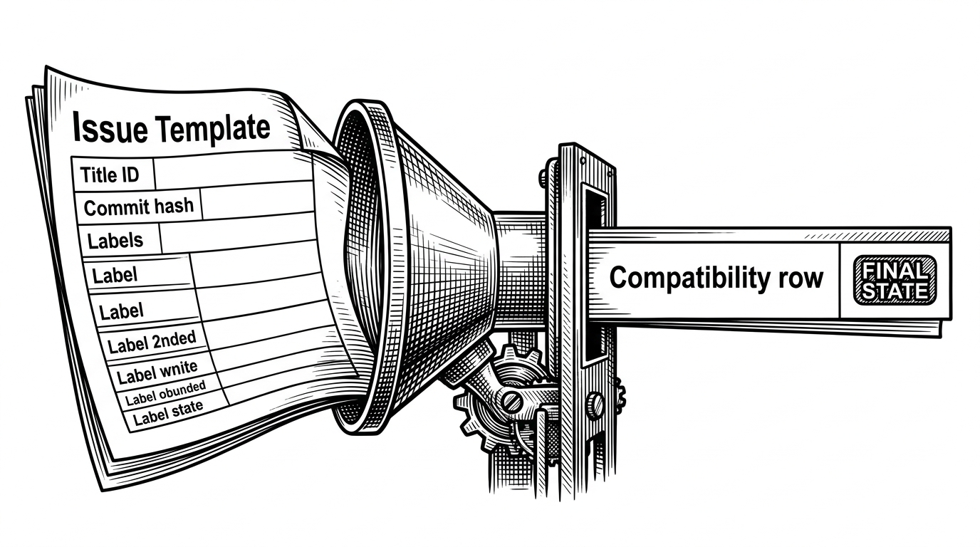 A close-up illustration shows a single issue report being squeezed through a rigid template on the left, then passing a validator gate in the center, and finally emerging as a clean compatibility row on the right. The scene explains how a free-form issue becomes structured data only after passing rules.