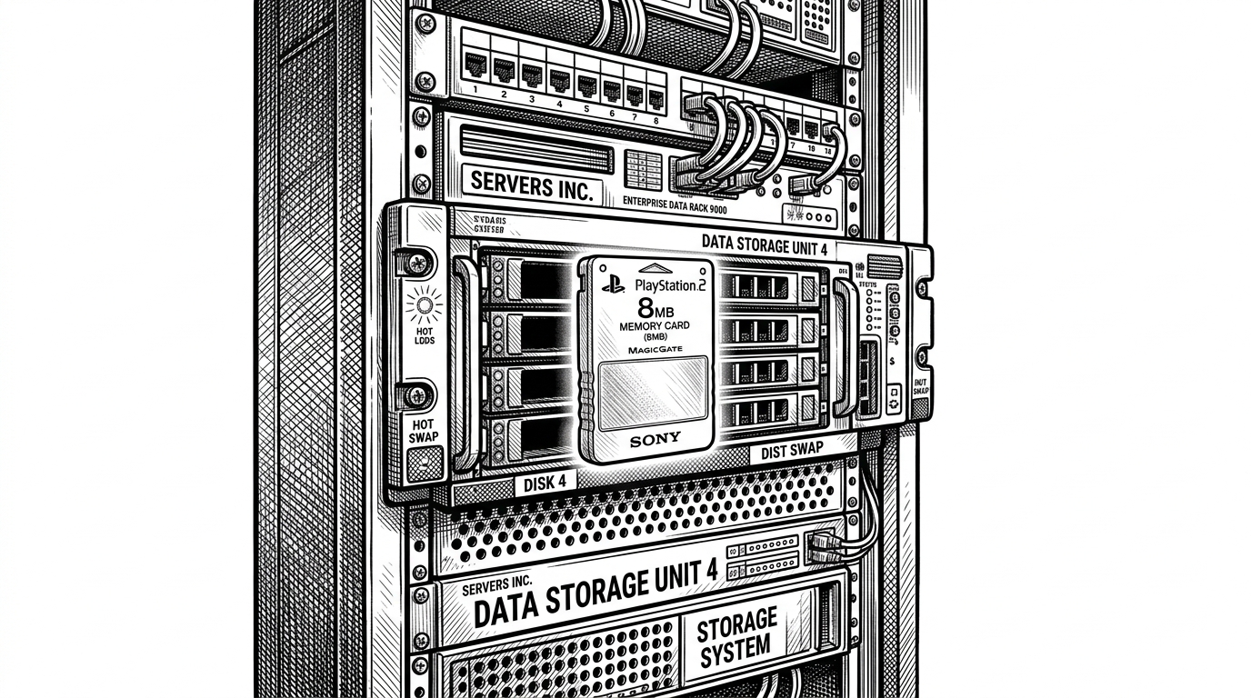 A modern server rack with a transparent PlayStation 2 memory card slotted into a drive bay, illustrating the blend of retro gaming and modern cloud infrastructure.