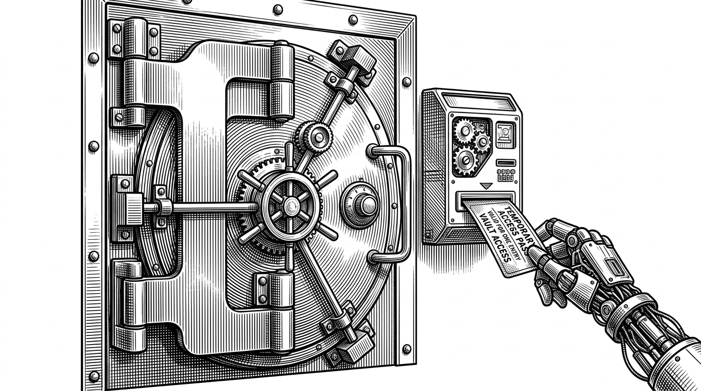 A bank vault door where a mechanical ticket dispenser hands a stamped entry pass to a robotic hand.