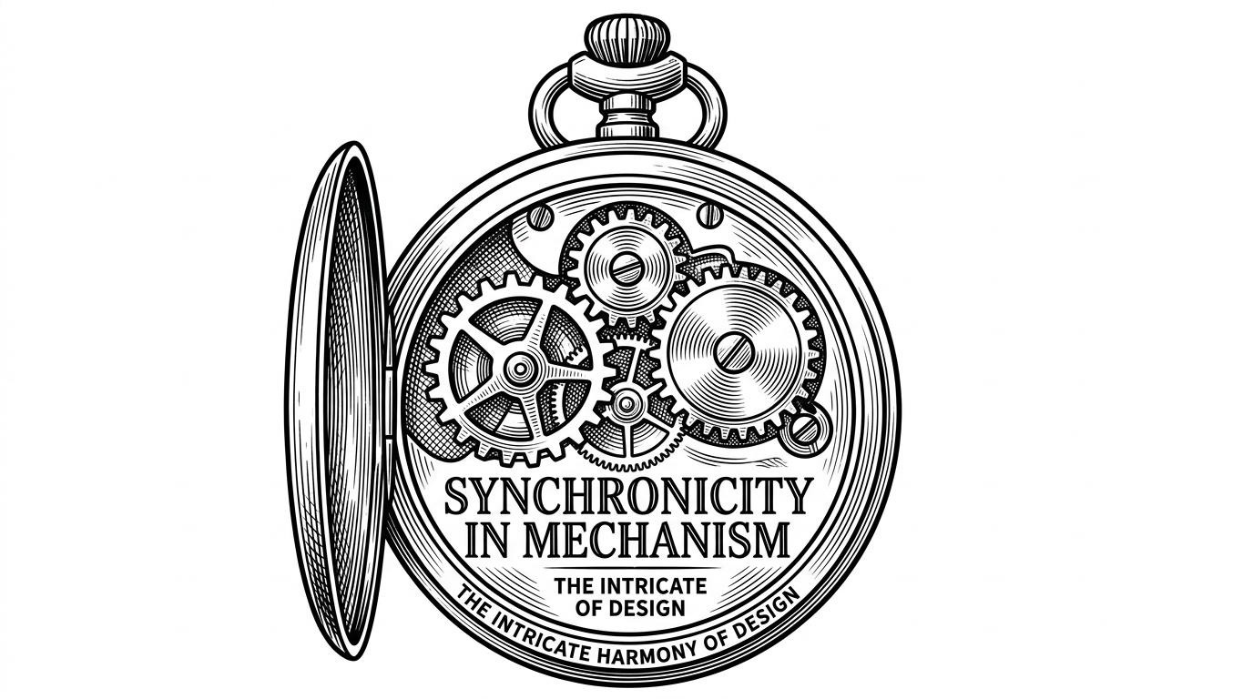 A pocket watch mechanism laid open with three interlocking gear types spinning in synchronization.