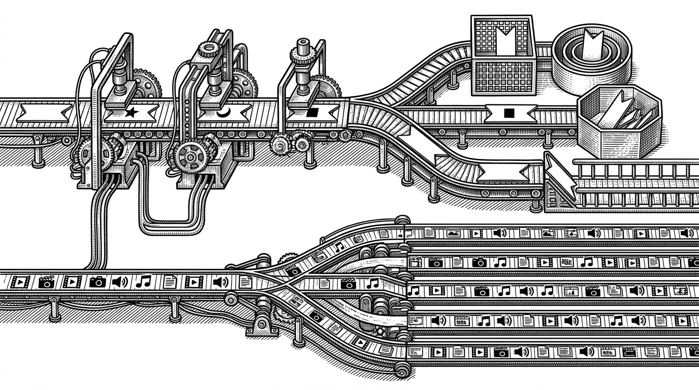 A close-up mechanical scene shows bookmark cards moving through a branching conveyor belt, where simple stamps sort them into bins while several media lanes run in parallel. The image explains deterministic classification and concurrent asset downloading as separate, efficient parts of the same local pipeline.