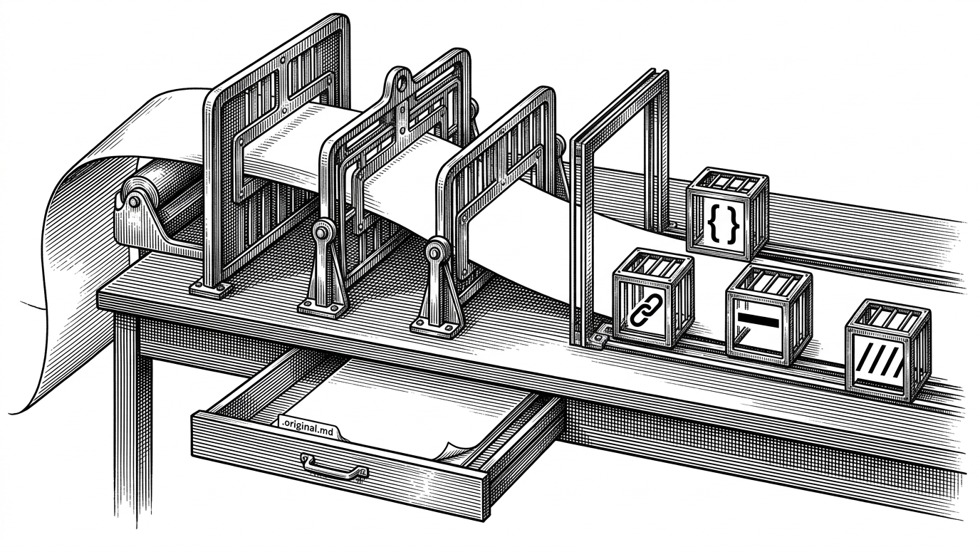 A close-up validation bench where a markdown page passes through metal gates labeled by visual cues as code block, URL, heading, and path. The prose around those elements is reduced, but the protected fragments remain unchanged and emerge intact on the other side. The concept shown is selective compression with guardrails.