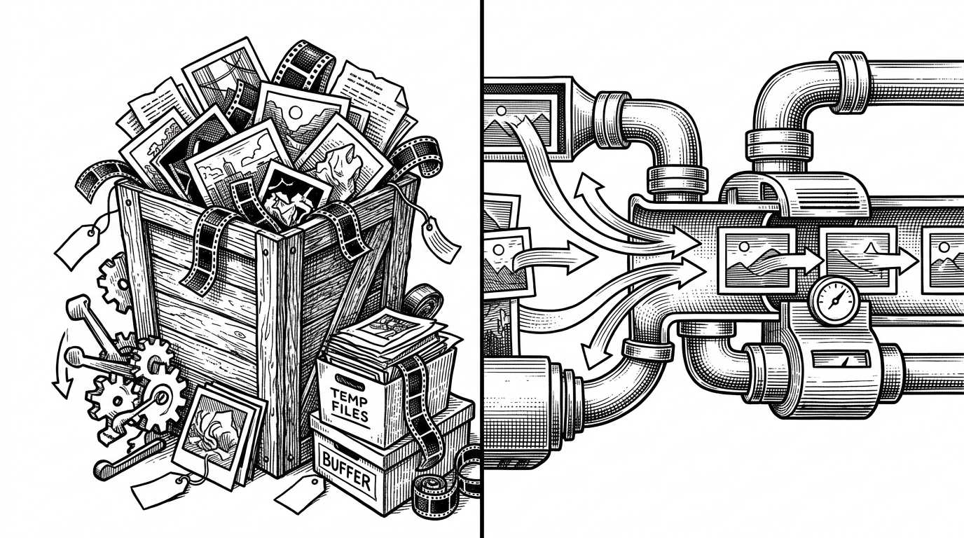 A split composition contrasts a pile of extracted image frames spilling from a crate with a tight in-memory conduit that moves frames directly through a machine. It explains why the rewrite matters: fewer file hops, less disk churn, and a cleaner processing path.