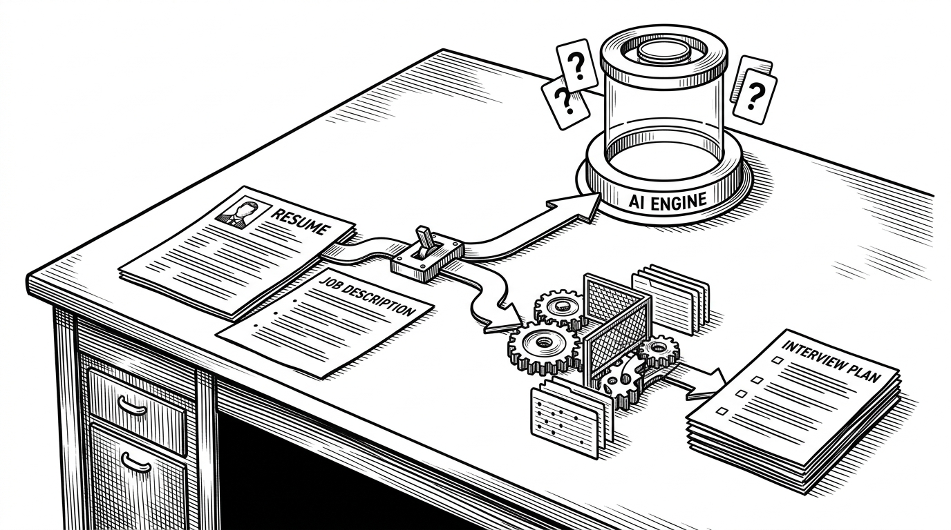A wide editorial scene shows a resume and job description laid side by side on a desk, with an interview prep workflow branching toward two paths. One path is labeled by the viewer’s eye as an AI-assisted route, while the other continues as a simpler deterministic route, showing that the product keeps working when model calls fail. It explains the article’s core idea: resilience is the feature, not an accident.