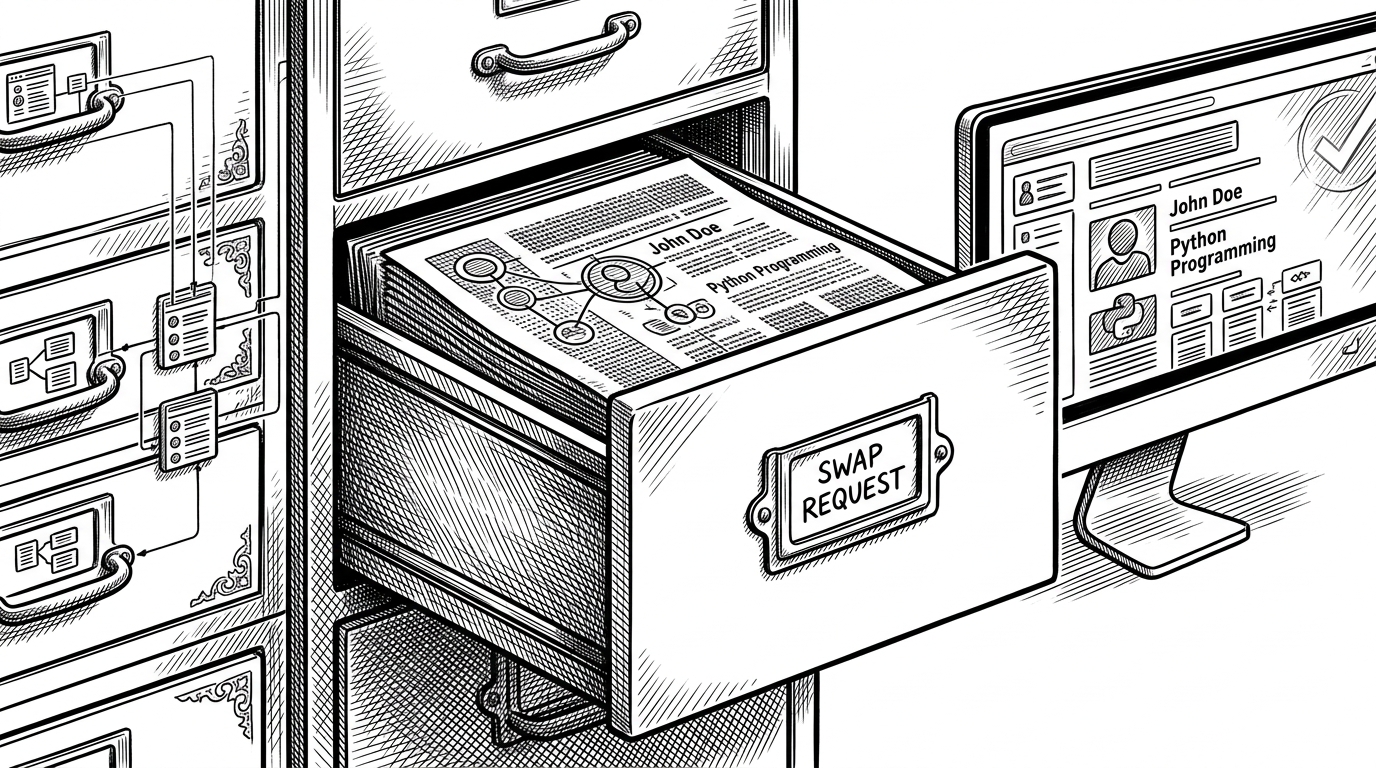 A close-up filing system shows a SwapRequest document containing both references and copied display fields. The visual contrast explains how SkillSwap trades database purity for faster rendering and simpler frontend reads.