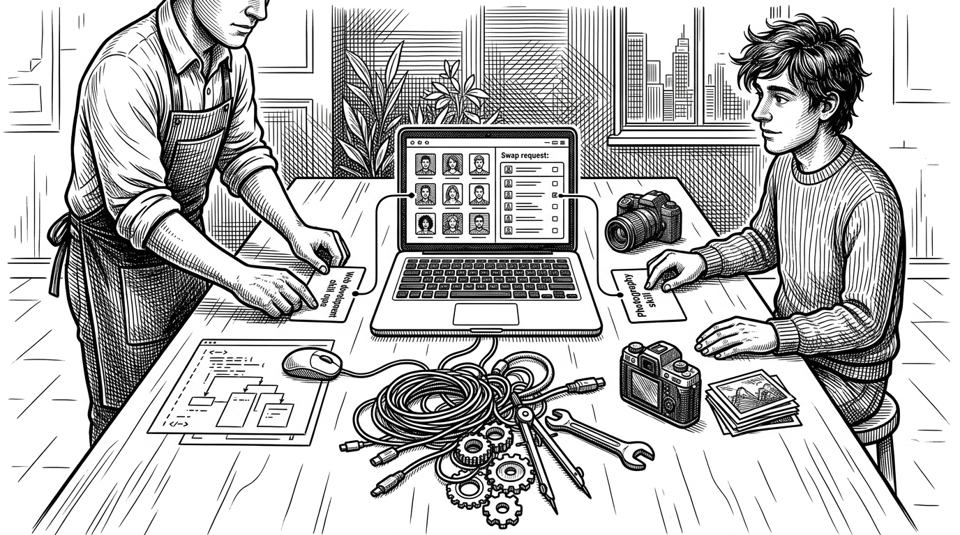 Two people exchange skill cards across a table while a laptop in the center shows a clean profile list and swap queue. The scene explains how SkillSwap turns a simple barter idea into structured software without losing the feel of direct human exchange.