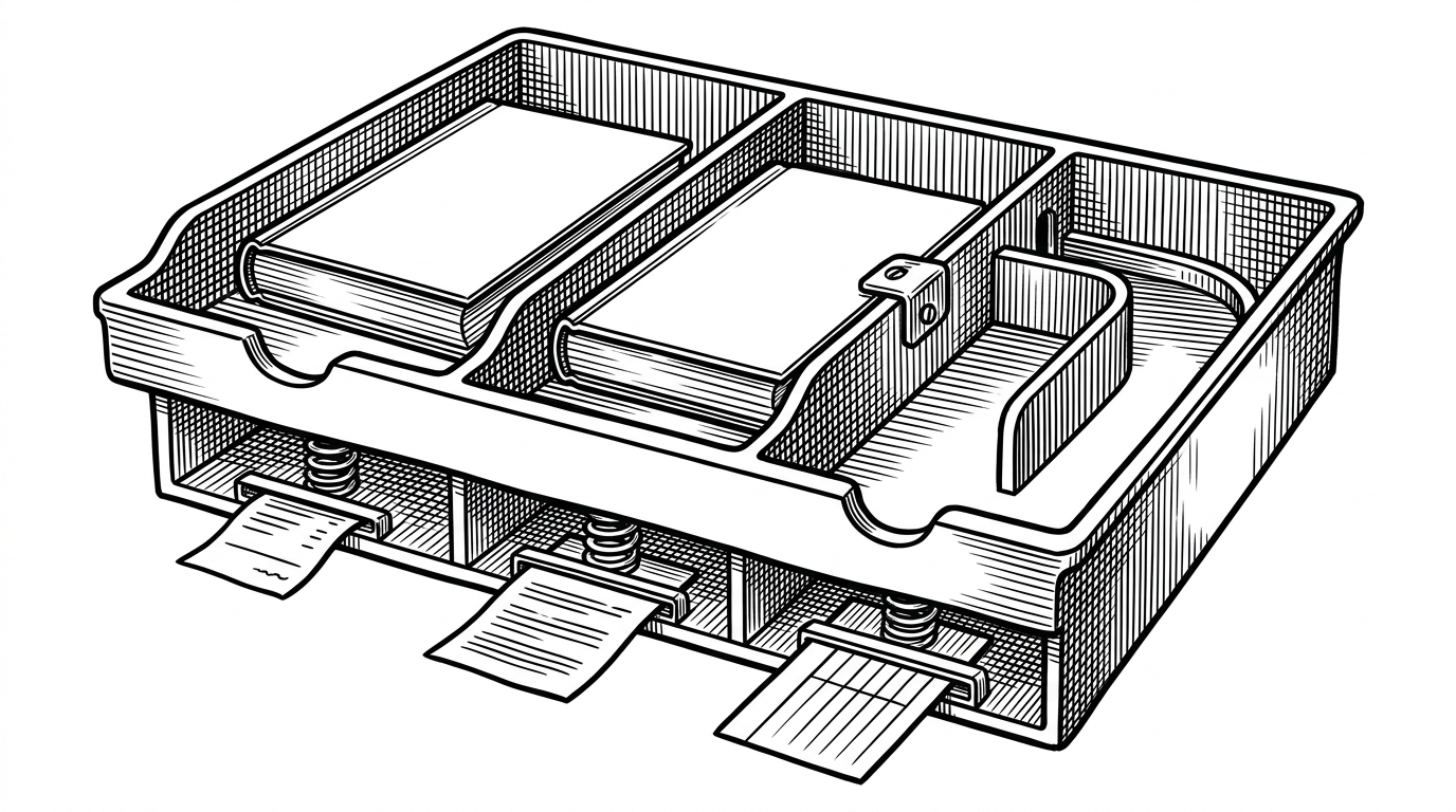 A close-up of a single book moving through three stamped compartments labeled by visual state changes, with hidden springs beneath the tray triggering a receipt, a fine notice, and a history card. The image explains how one checkout or return can fan out into multiple backend records and side effects.