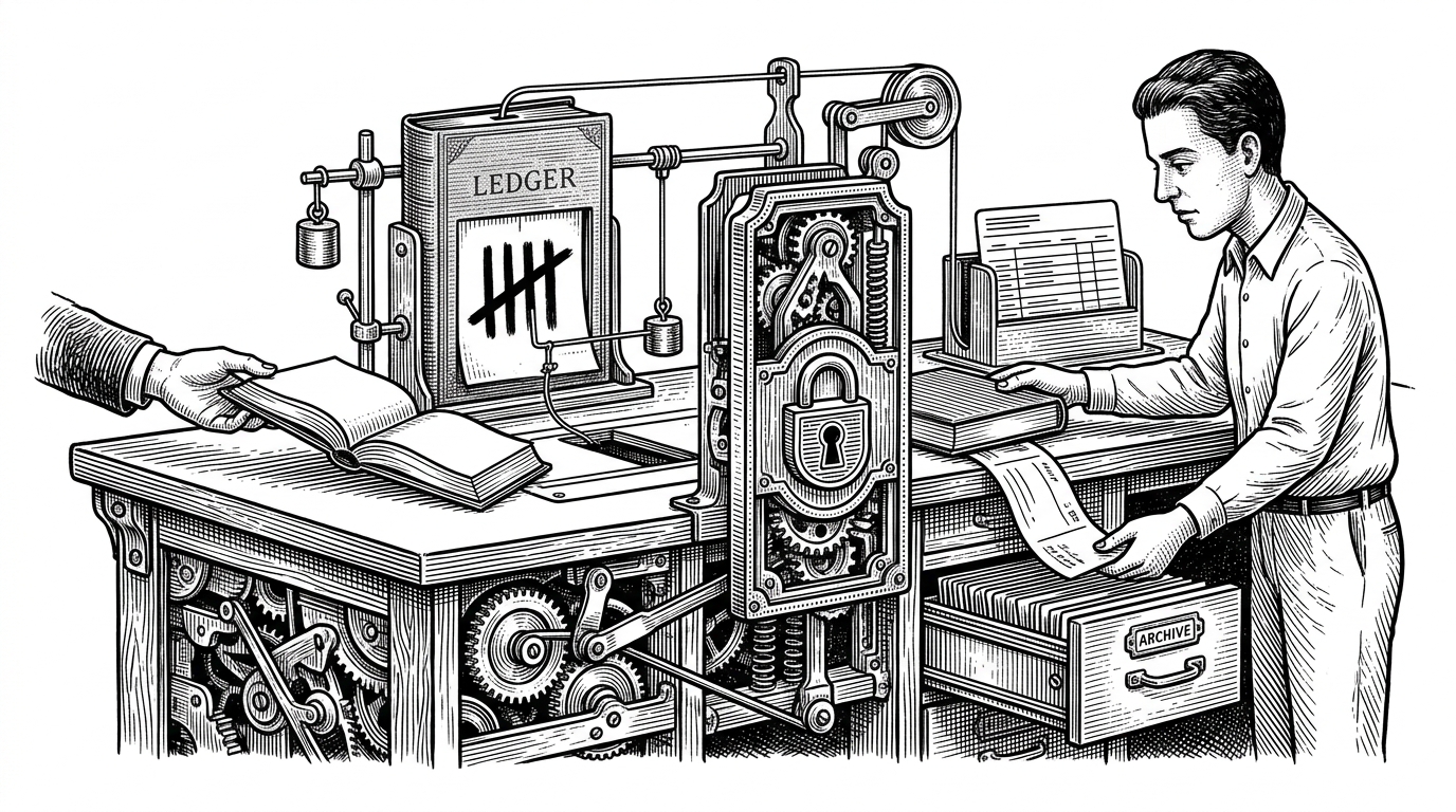 A storefront counter rendered as a mechanical workflow, with a customer handing over a book, an inventory ledger dropping by one, a secure lock guarding the checkout lane, and a payment slip feeding into an archive drawer. The image explains that the app is really about controlled state changes across inventory, identity, and record keeping.