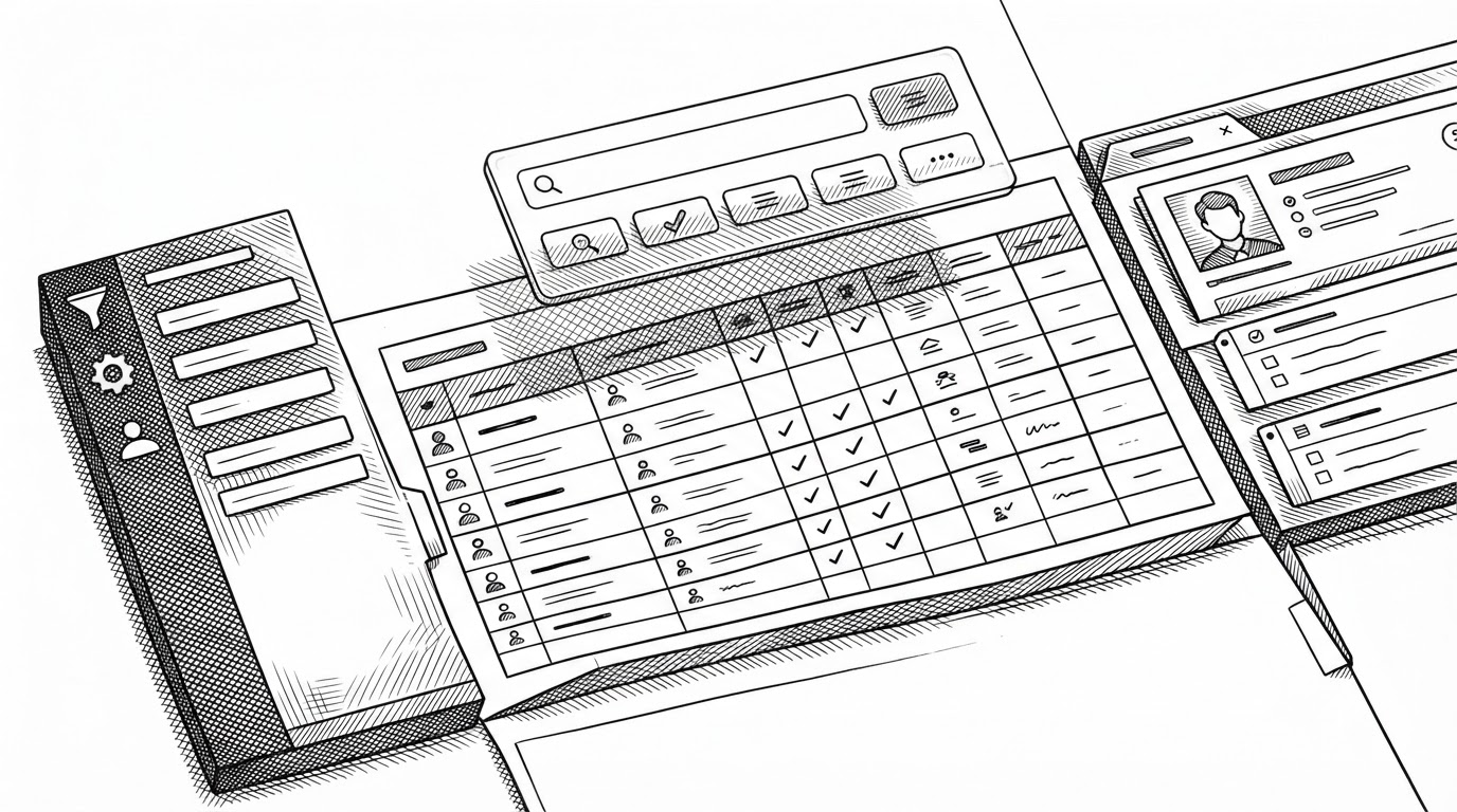 A close editorial view of a CRM workspace shows a sidebar, a command palette, a detail panel, and a data table locked into one shared grid. The scene emphasizes that the interface behaves like a cohesive product system instead of separate demo components.