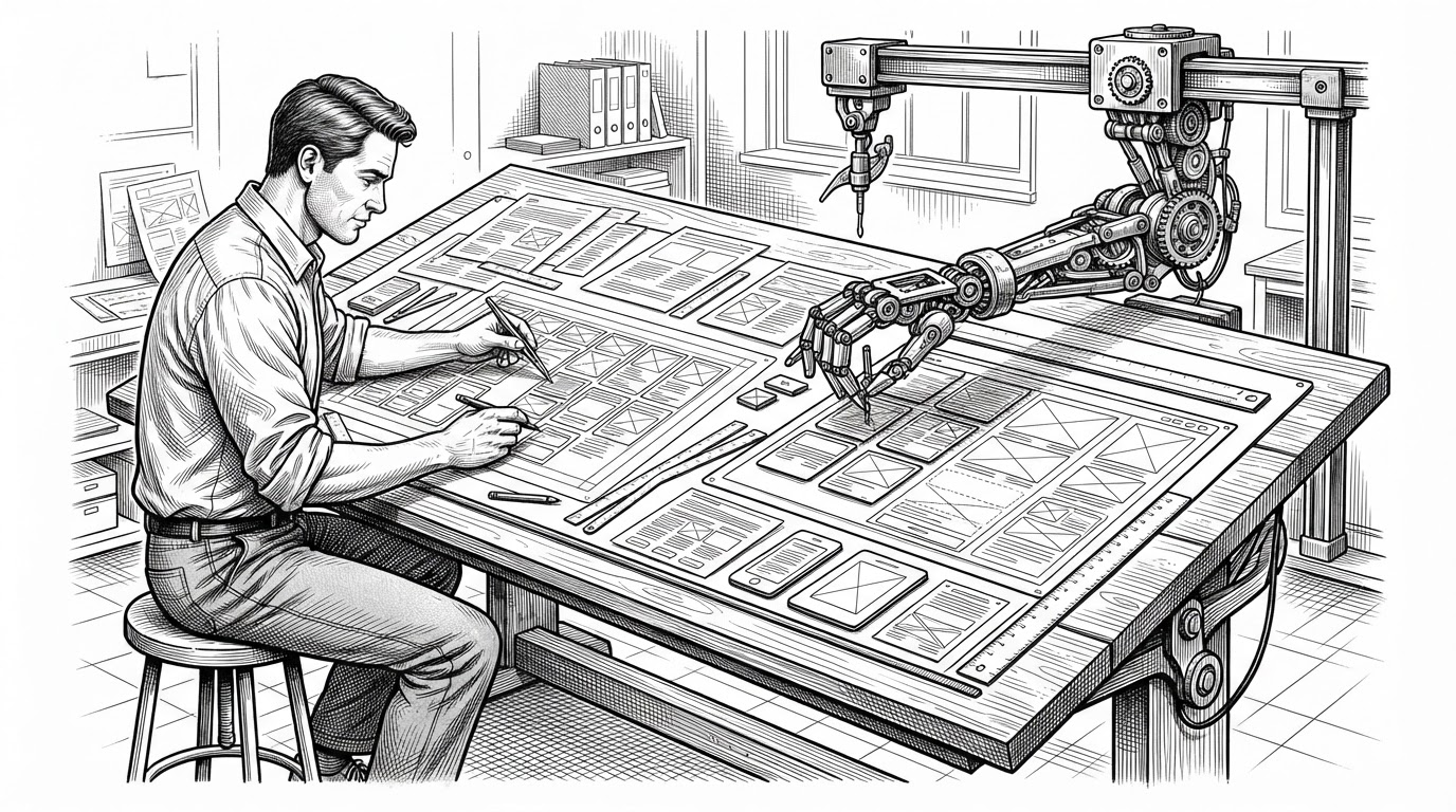 A wide editorial scene shows a human engineer and a mechanical hand working side by side at a drafting table. One arranges design tokens, layout rules, and component cards into a blueprint, while the other assembles a CRM interface from the same cards. The image explains that the repo is meant to be co-authored by people and AI under the same standards.