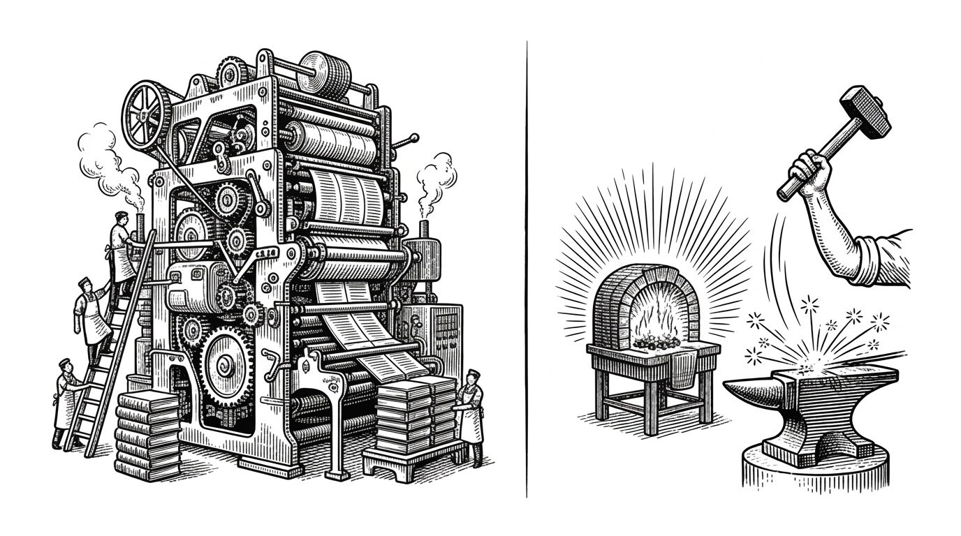 A massive printing press compared to a small, glowing forge.