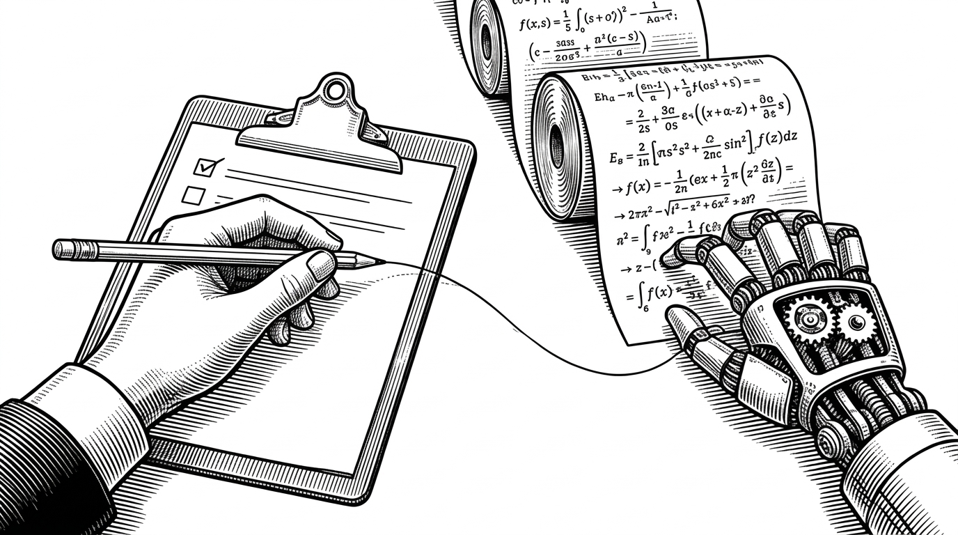 A human hand holding a pencil connected by a thread to a mechanical hand typing equations.