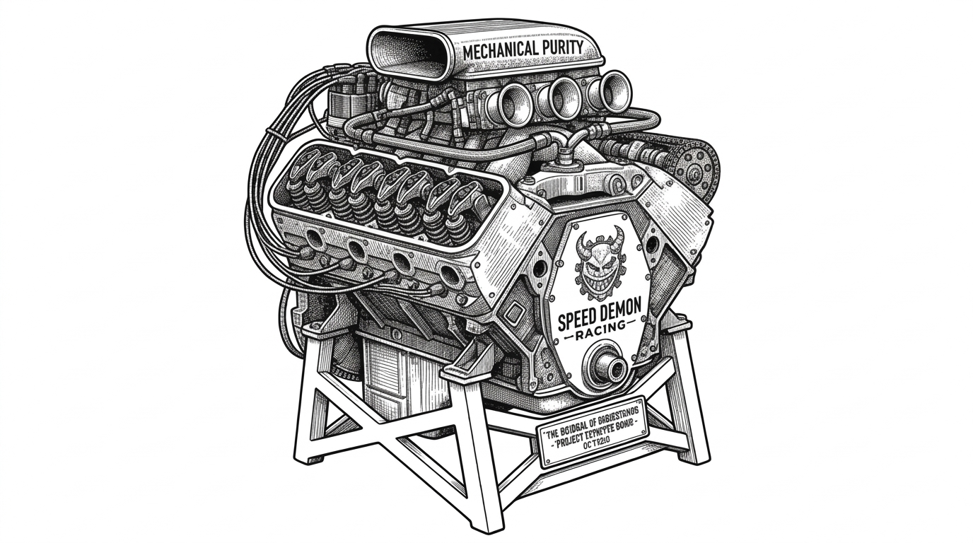 A sleek, stripped-down racing engine mounted on a pristine white testing stand, revealing raw mechanical linkages.